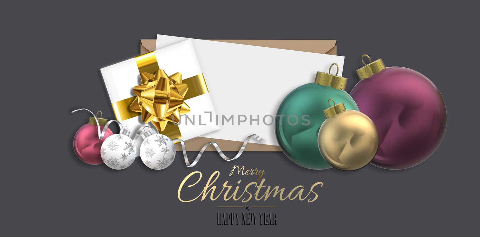 3D realistic Christmas design with realistic Xmas ball bauble, Xmas gift box with bow, text Merry Christmas Happy New Year on white envelope over dark brown. Horizontal 3D illustration. Place for text