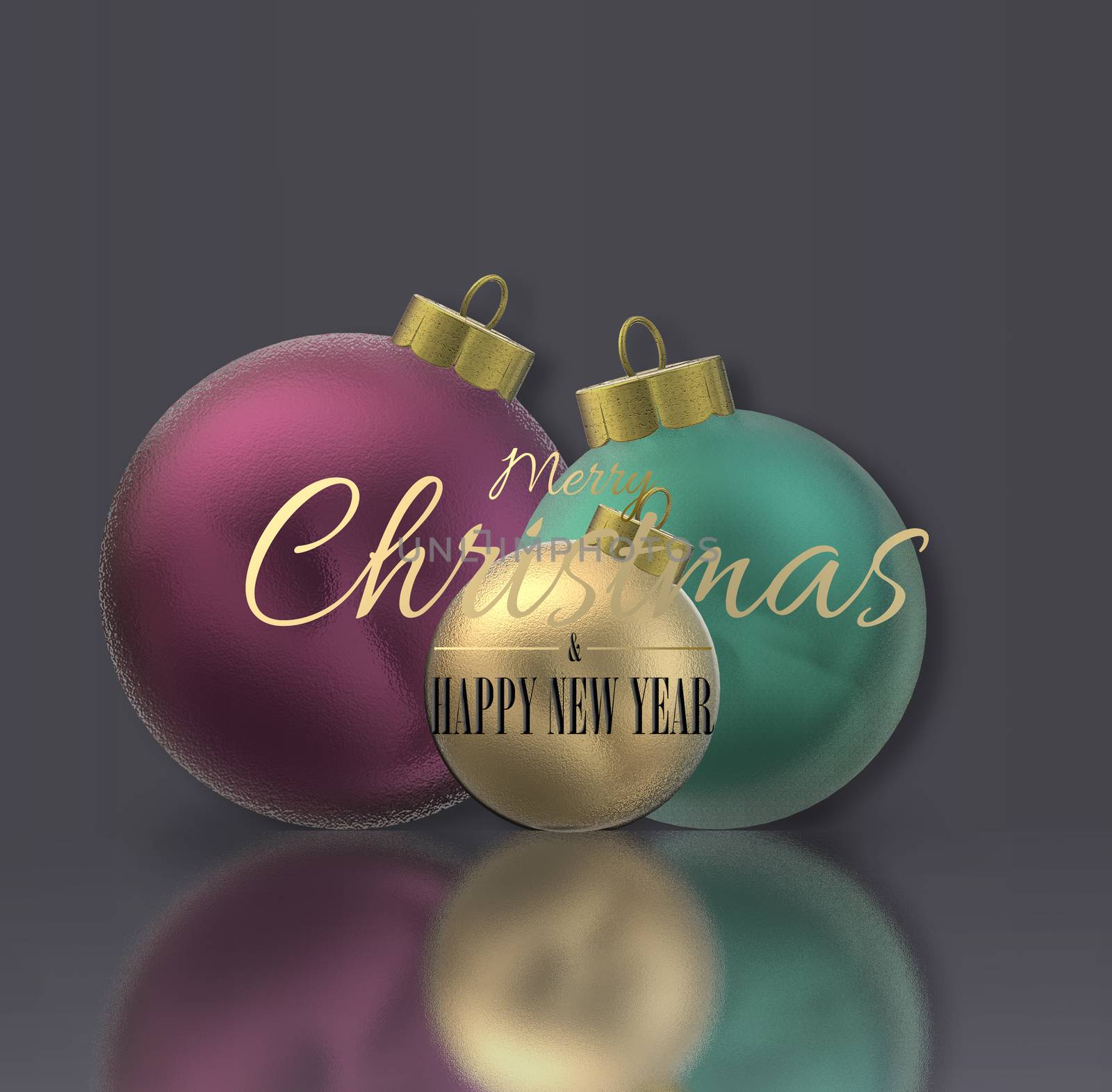 Christmas realistic 3D balls baubles on reflection, text Merry Christmas and Happy New Year on grey background. 3D illustration. Xmas design for invitation