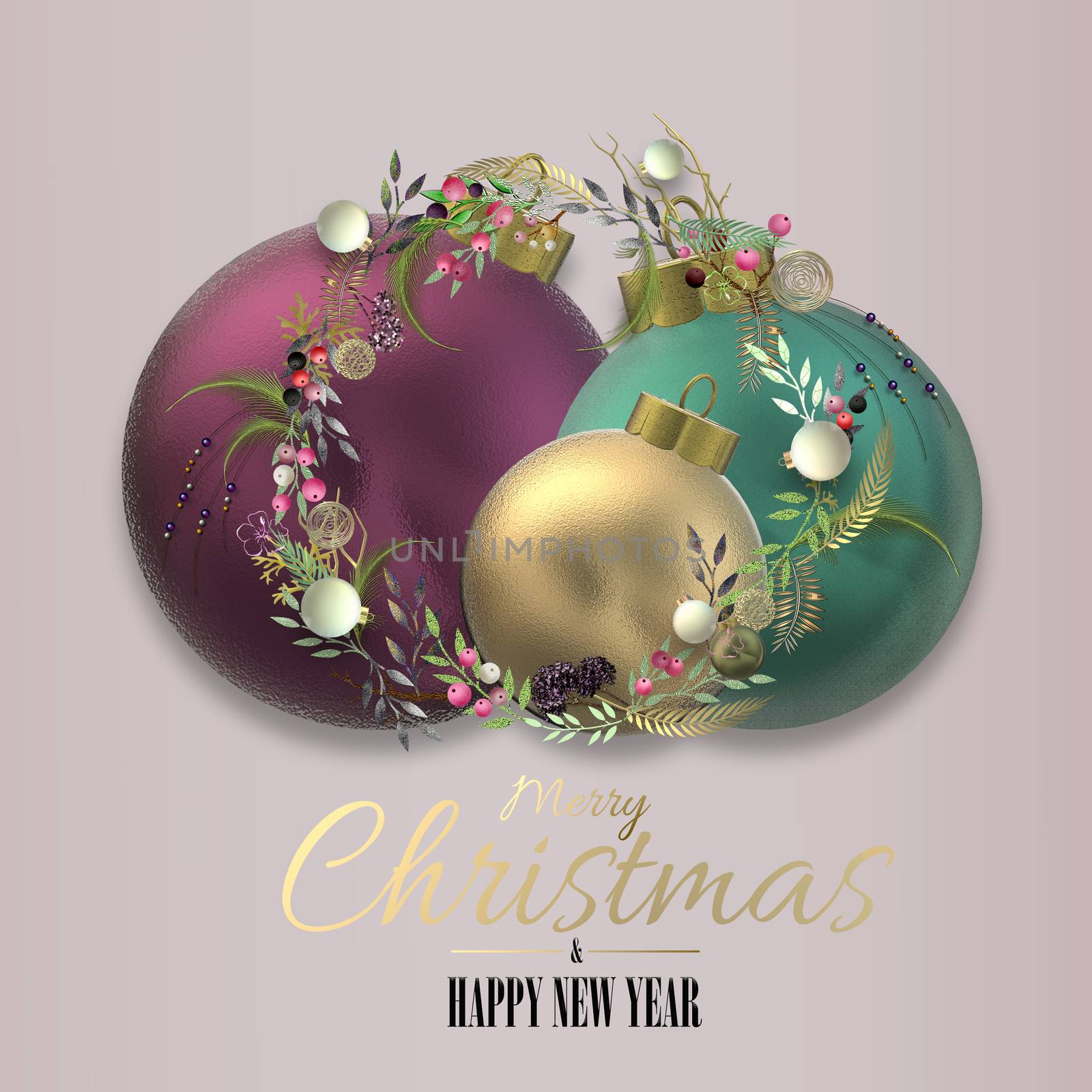 Christmas holiday design with Xmas symbol ball, baubles, Xmas 3D wreath on pastel pink background. Text Merry Christmas Happy New YEar. 3D render. Holiday festive 3D realistic card