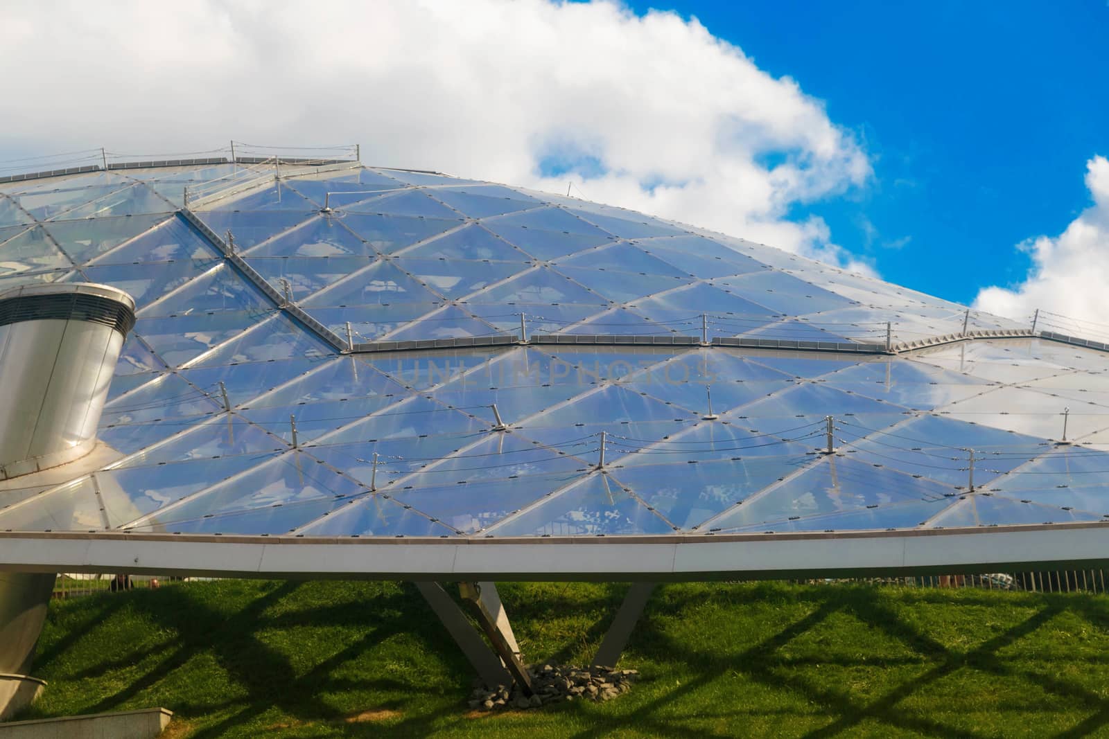 MOSCOW, RUSSIA - AUGUST 21, 2020:  Building with a mirrored roof on the territory of zaryadye park in moscow.