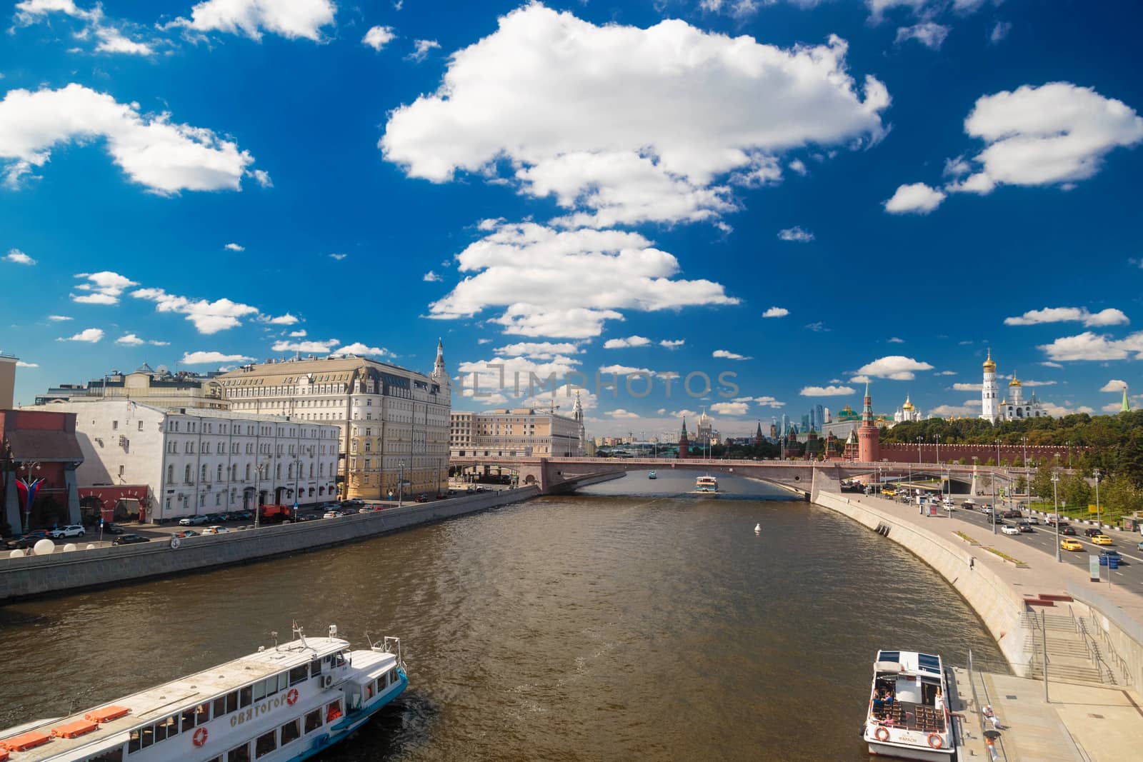 Panoramic view of the city and the Moscow river from the floating bridge in the Zaryadye park in Moscow