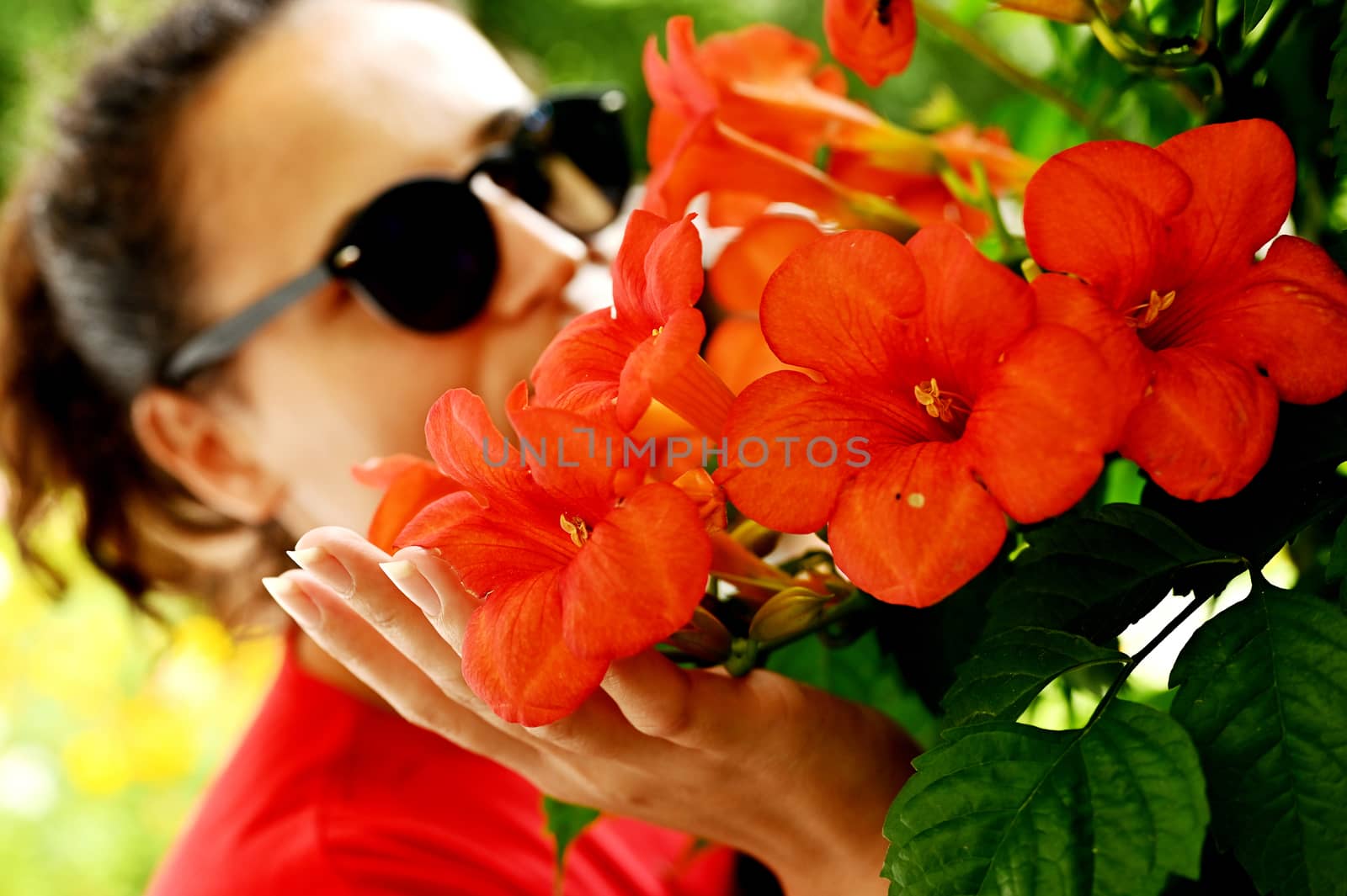 Beautiful young woman smelling red flowers in the park. Sarajevo, Bosnia and Herzegovina