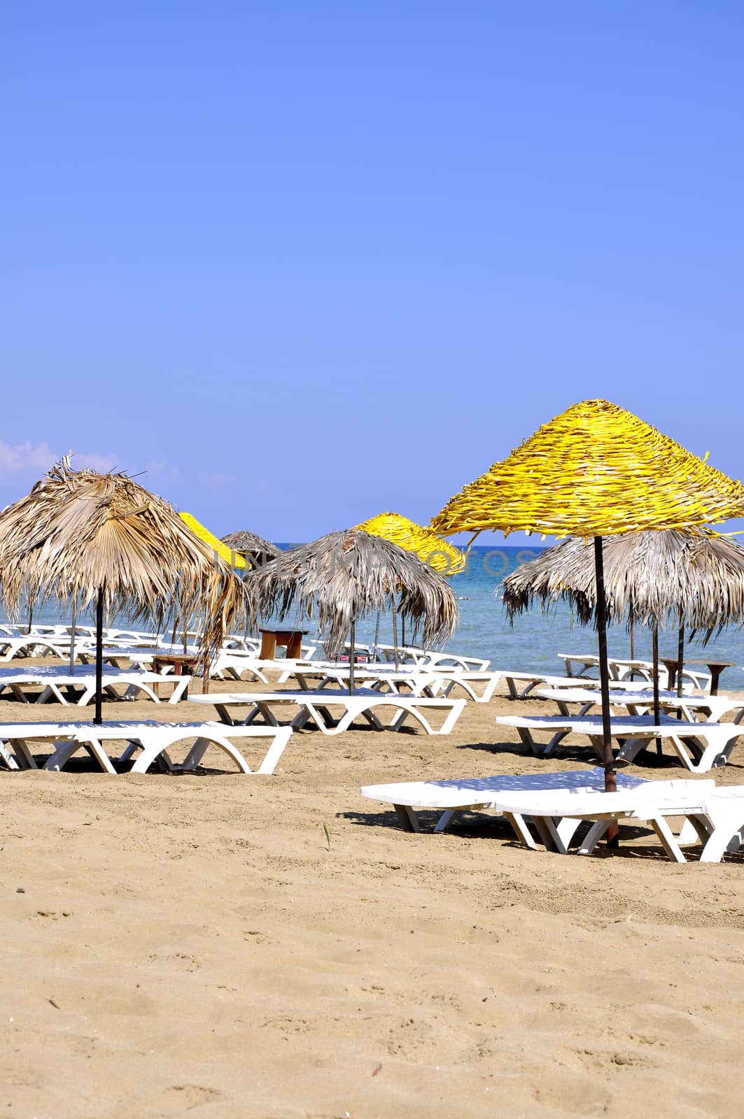 Handmade palm leaf and cane umbrellas on a beautiful Cyprus beach by mixeey