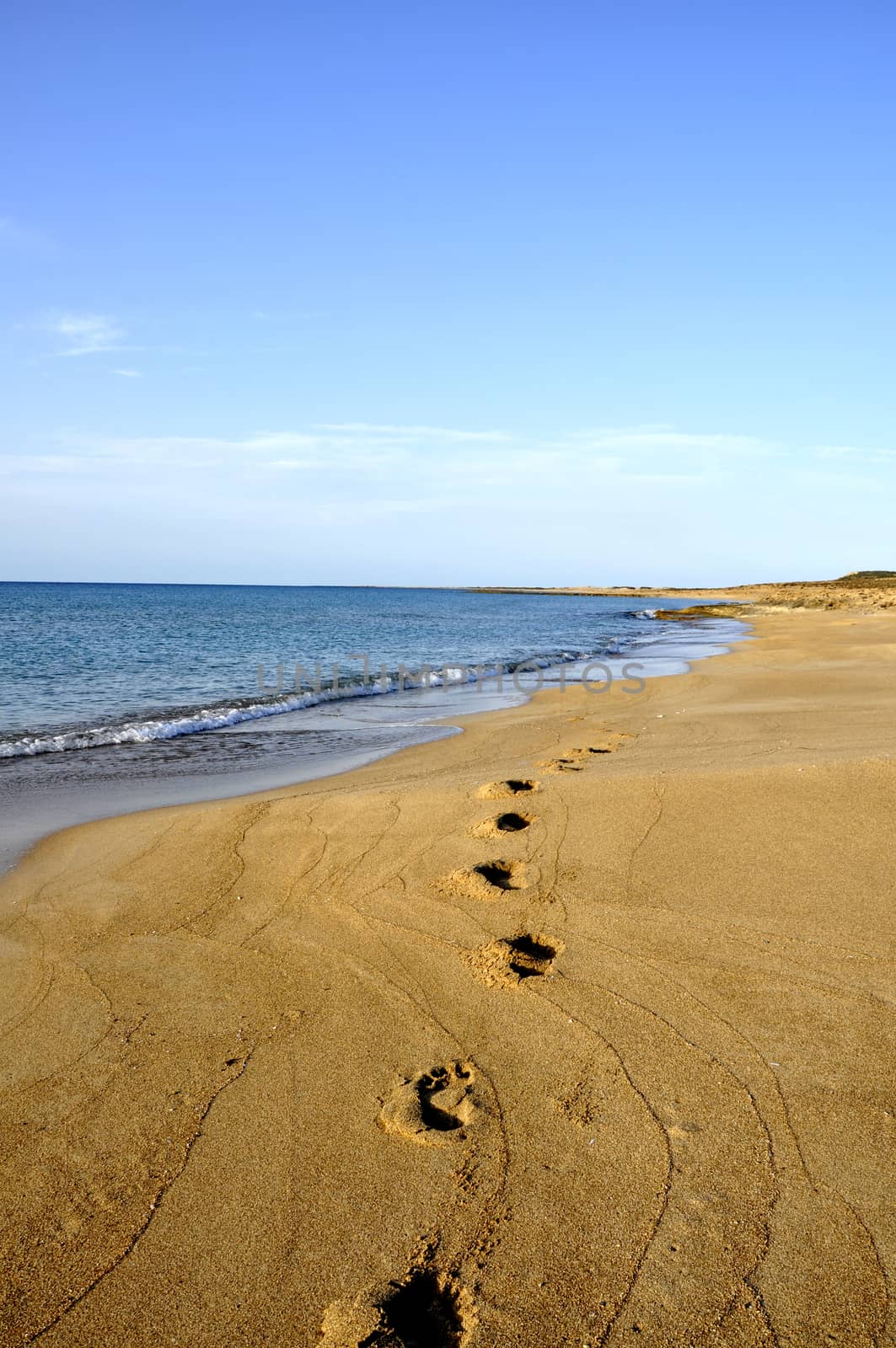Footprints on sand beach in the morning during summer vacation in Cyprus by mixeey