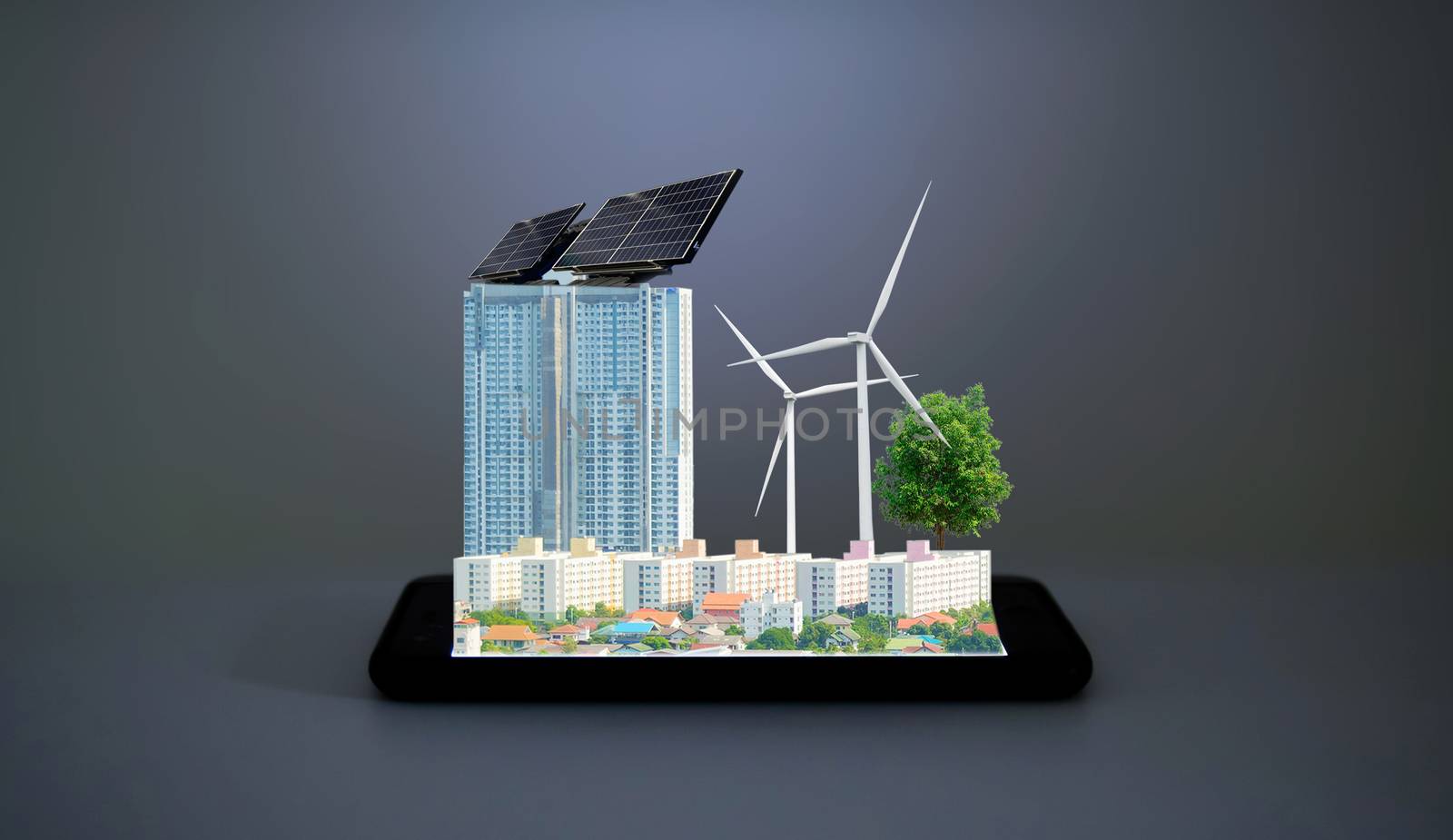 Clean energy in the city of solar cells and wind turbines on smartphones