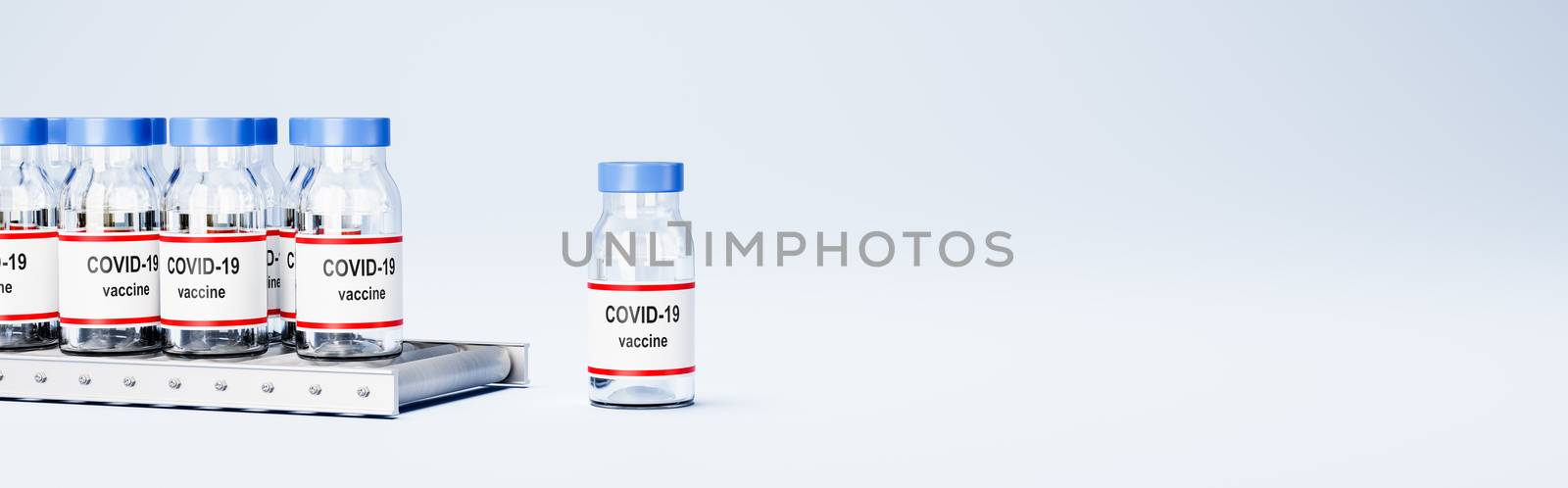 Many Covid 19 Vaccine Bottles on Conveyor Belt Roller on Light Blue Background with Copy Space 3D Render Illustration, Vaccine Production and Availability Concept