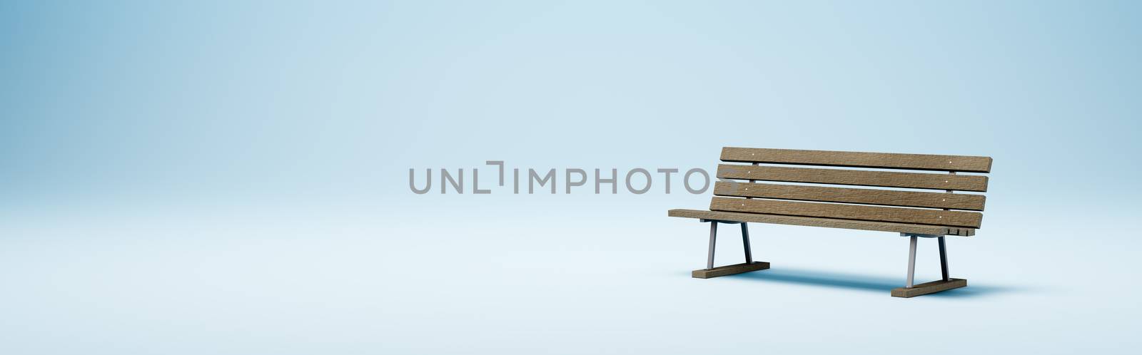 One Wooden Bench on Blue Studio Background with Copy Space, Solitude and Loneliness Concept 3D Render Illustration