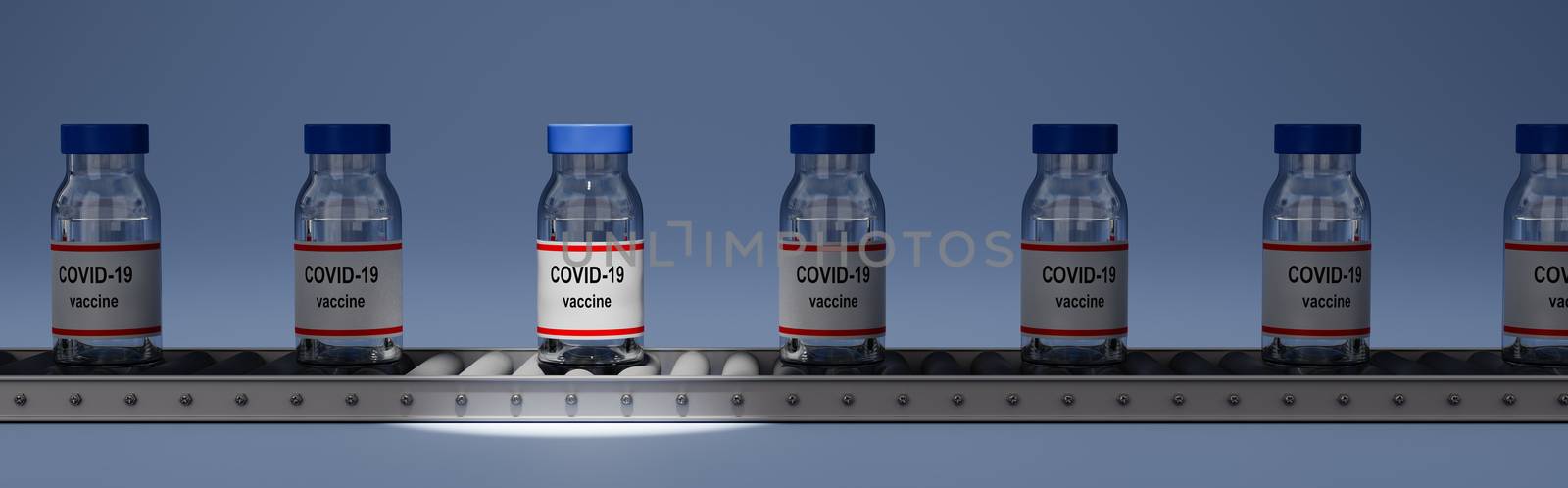 Covid 19 Vaccine Bottles on Conveyor Belt, One Spotlighted by make