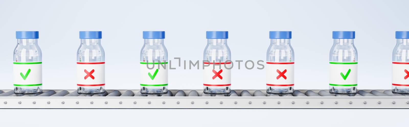 Medicine Bottles on Conveyor Belt Roller on Light Blue Background 3D Render Illustration, Quality Check Concept