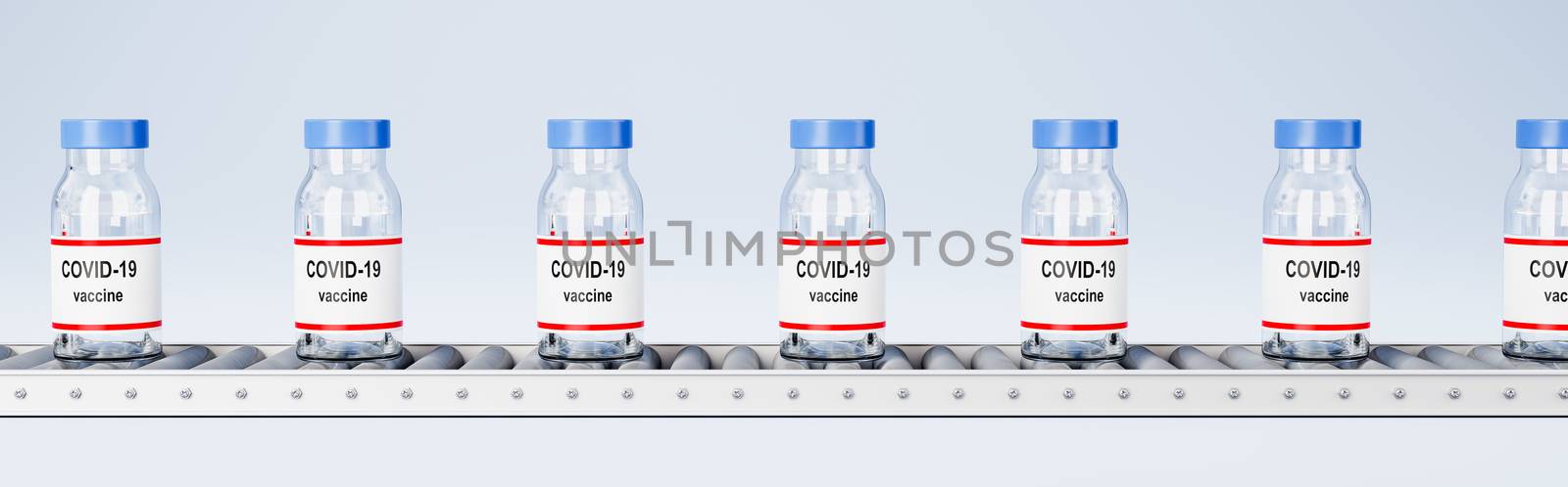 Many Covid 19 Vaccine Bottles on Conveyor Belt Roller on Light Blue Background 3D Render Illustration, Vaccine Production and Distribution Concept