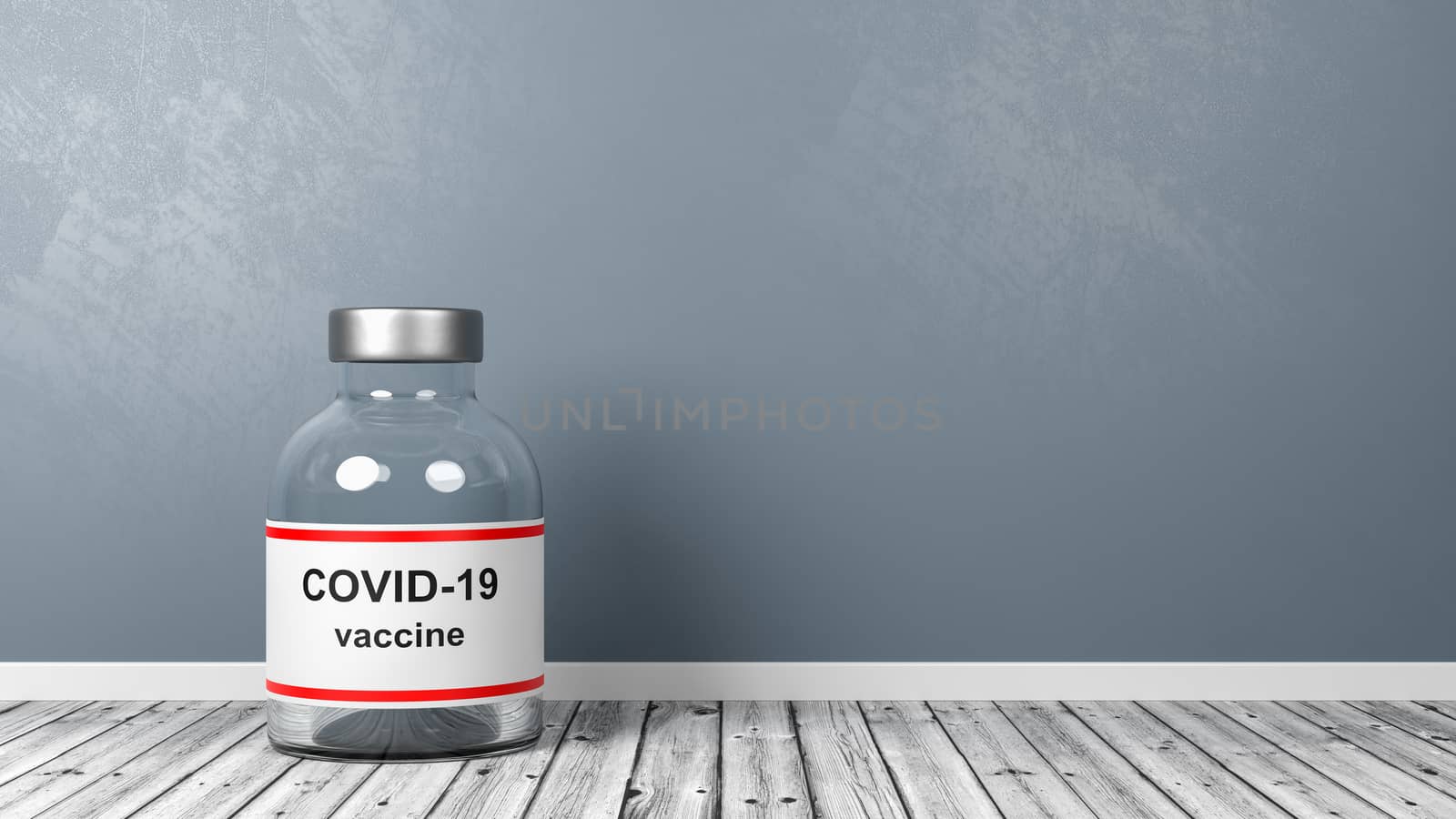 One Covid 19 Vaccine Bottle on Wooden Floor in a Gray Wall Room with Copy Space 3D Render Illustration