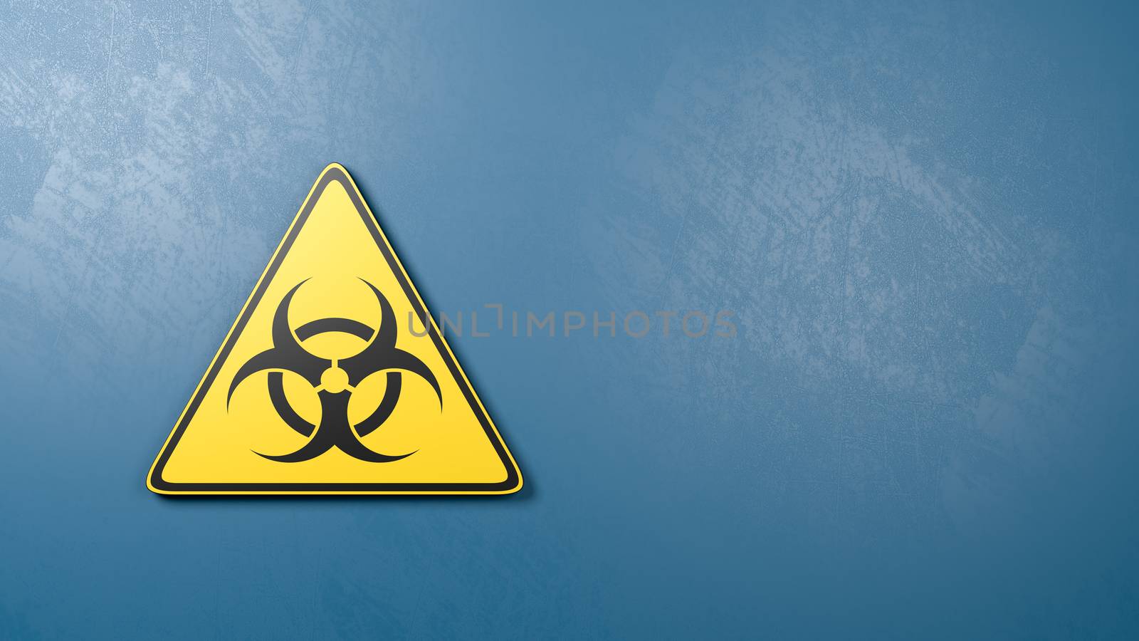 Black and Yellow Pandemic Symbol Warning Triangle Against a Blue Plastered Wall with Copy Space 3D Render Illustration