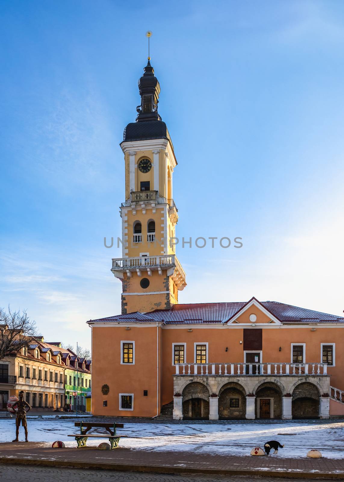 Kamianets-Podilskyi, Ukraine 01.07.2020. The old Town hall of Kamianets-Podilskyi historical centre on a sunny winter morning