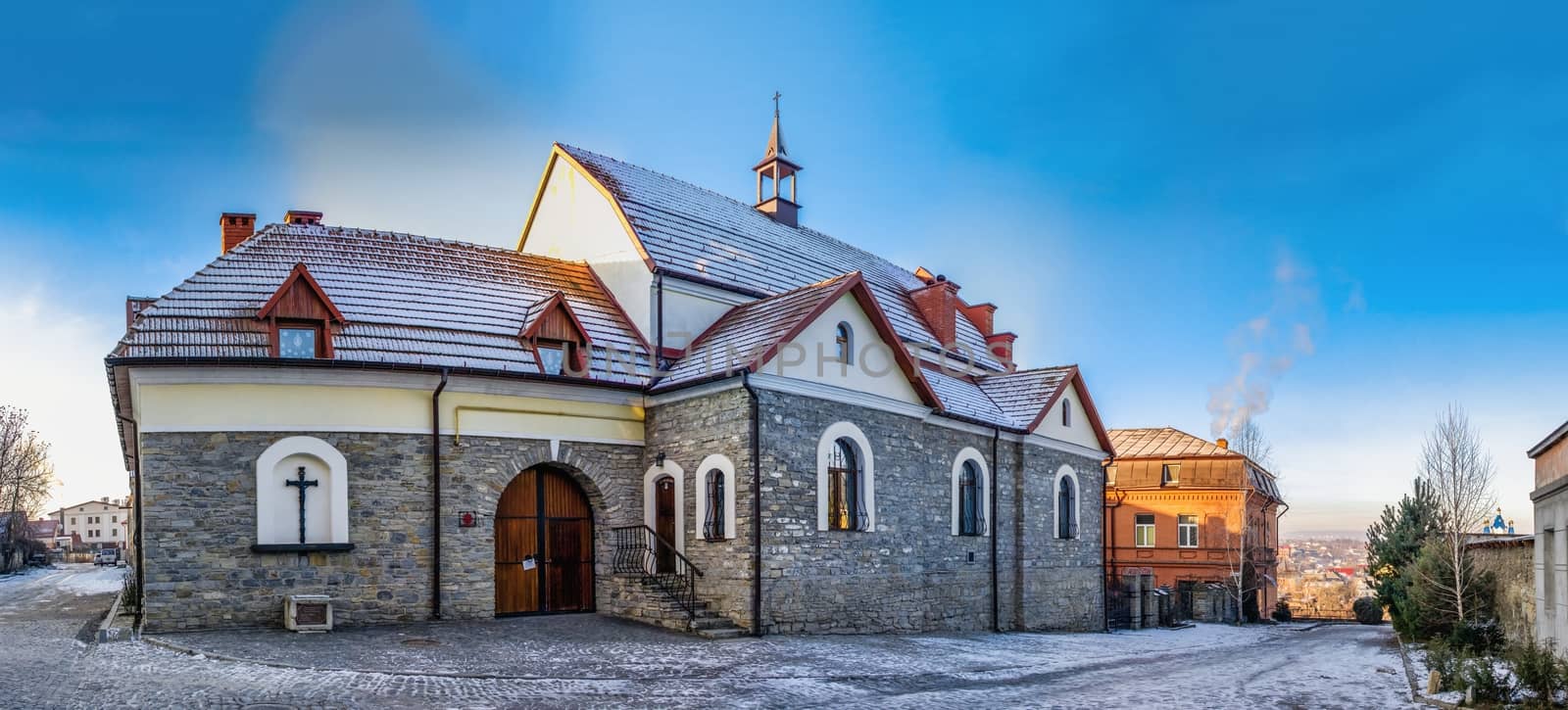 Kamianets-Podilskyi, Ukraine 01.07.2020. Monastery of the Urshulyanka sisters in Kamianets-Podilskyi, Ukraine, on a sunny winter morning