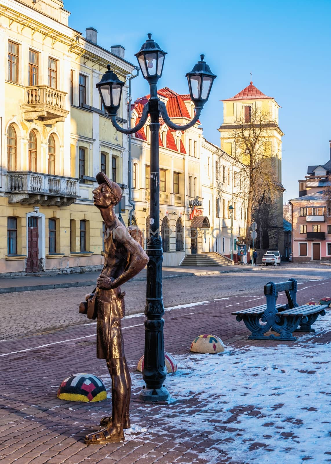 Kamianets-Podilskyi, Ukraine 01.07.2020. Tourist monument on the central street of Kamianets-Podilskyi old town quarter on a sunny winter morning