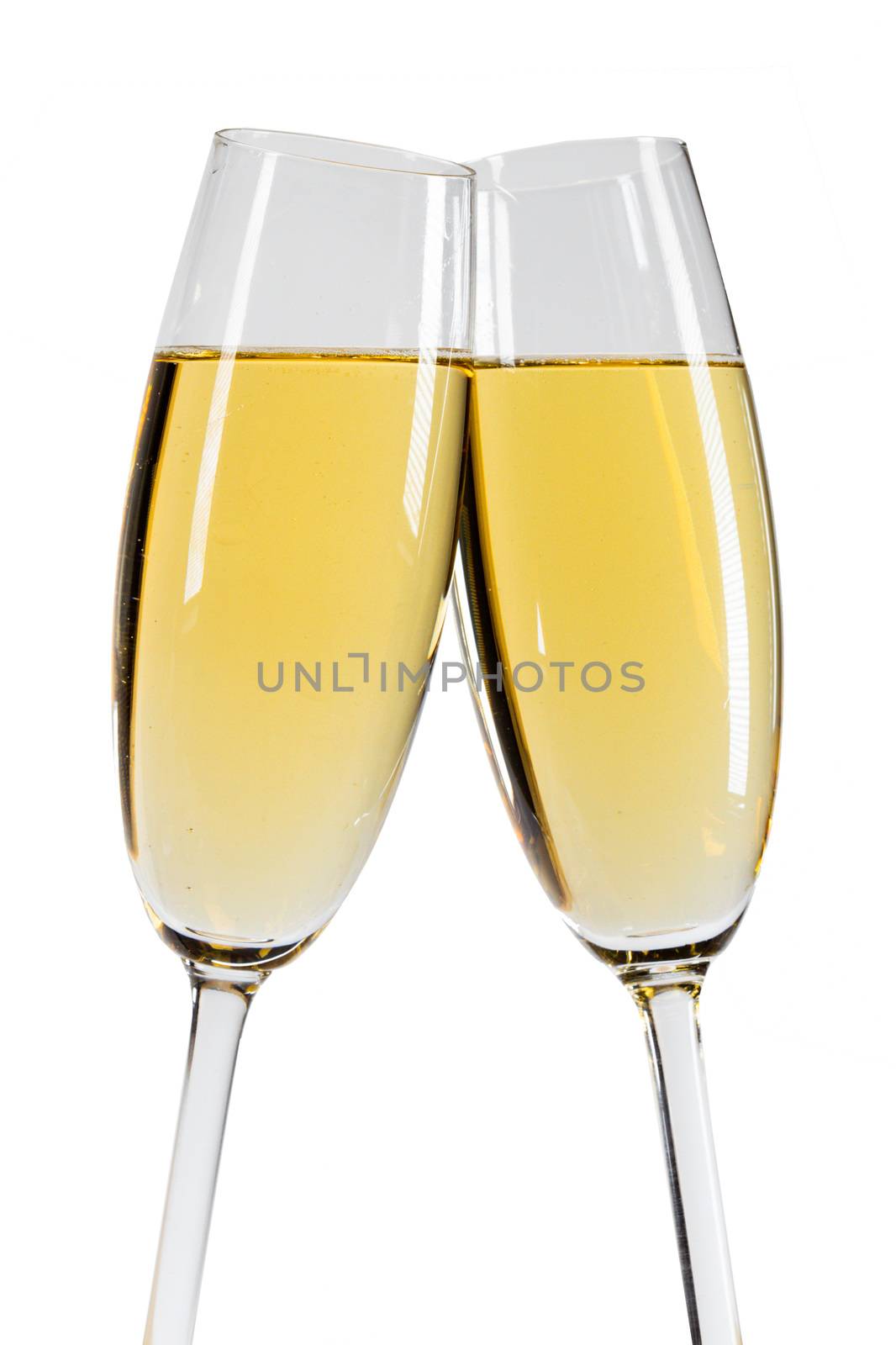 Champagne in two glasses New Year celebration isolated on white background