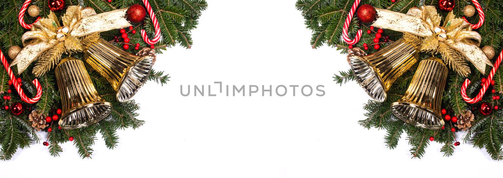 New Year and Christmas composition design isolated on white background, fir tree branches jingle bells golden and red decorative baubles and pine cones traditional design