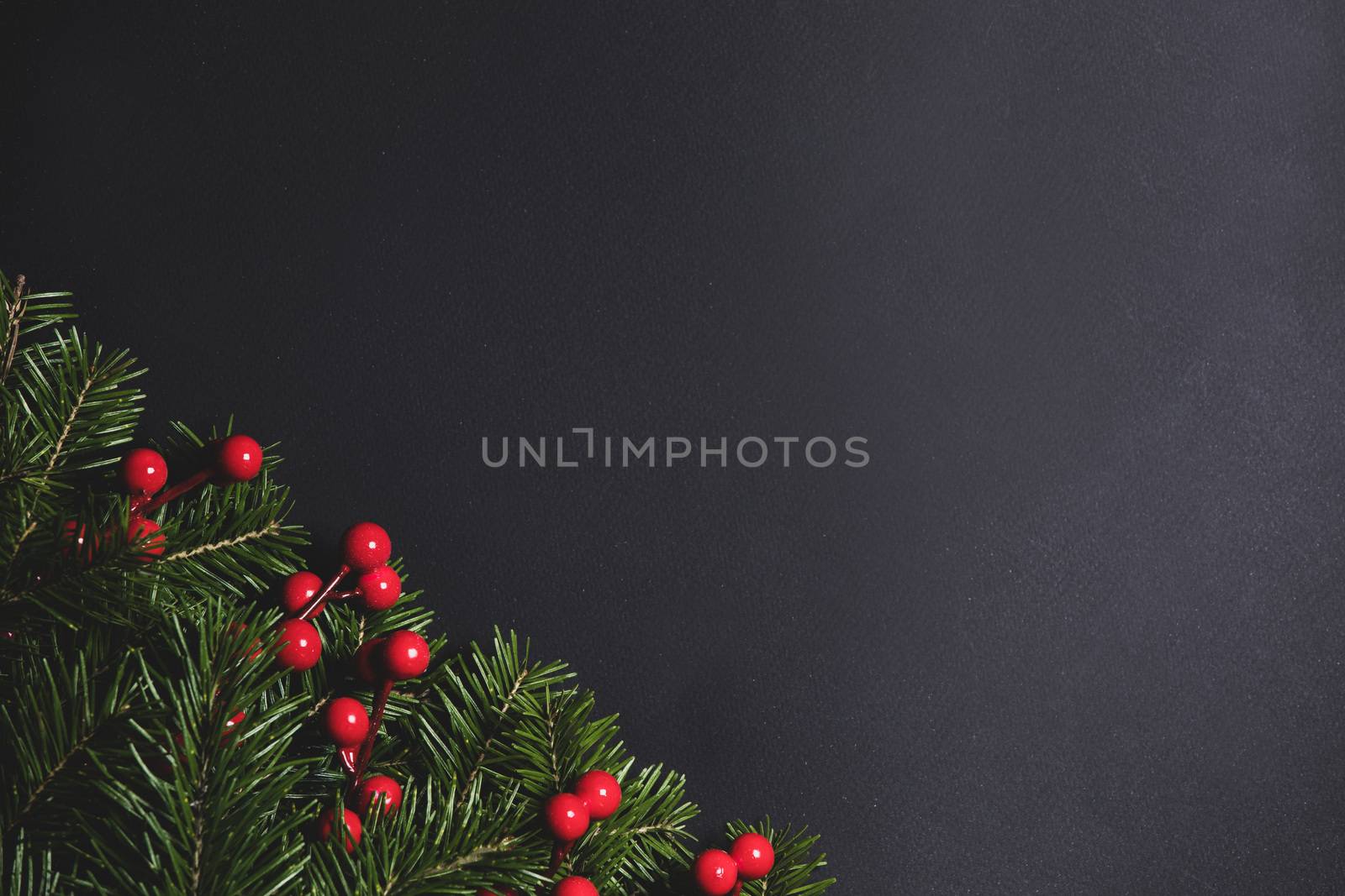 Fir Christmas tree branches and holly berries on black paper background flat lay top view mock-up
