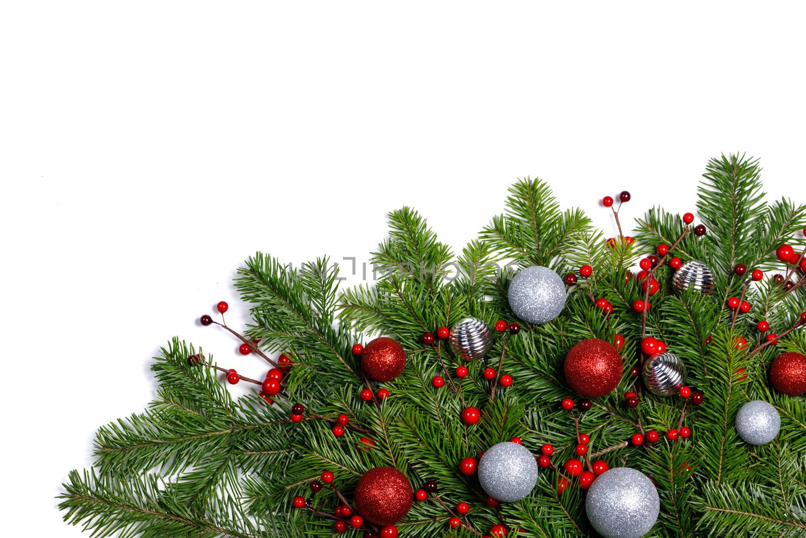 Christmas New year decoration frame isolated on white , fir tree branches , red and silver baubles , copy space for text