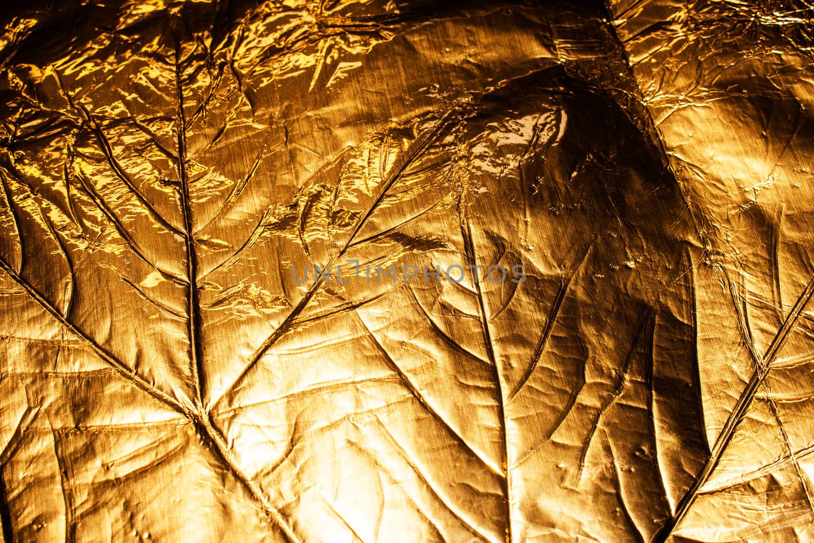 A gold Holographic Foil Leaf and Leaves with Veins Texture Shiny Pattern