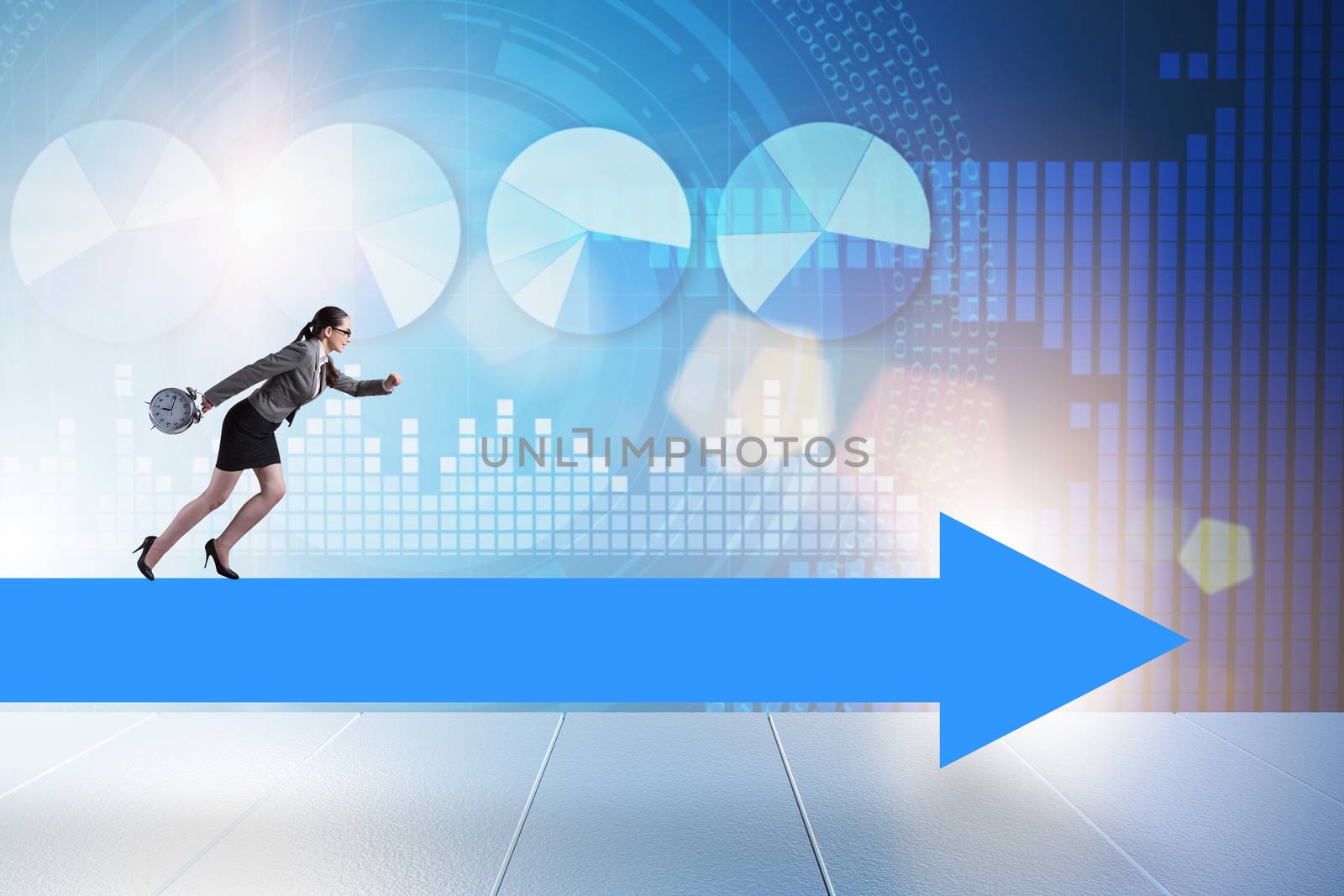 Businesswoman walking on arrow sign