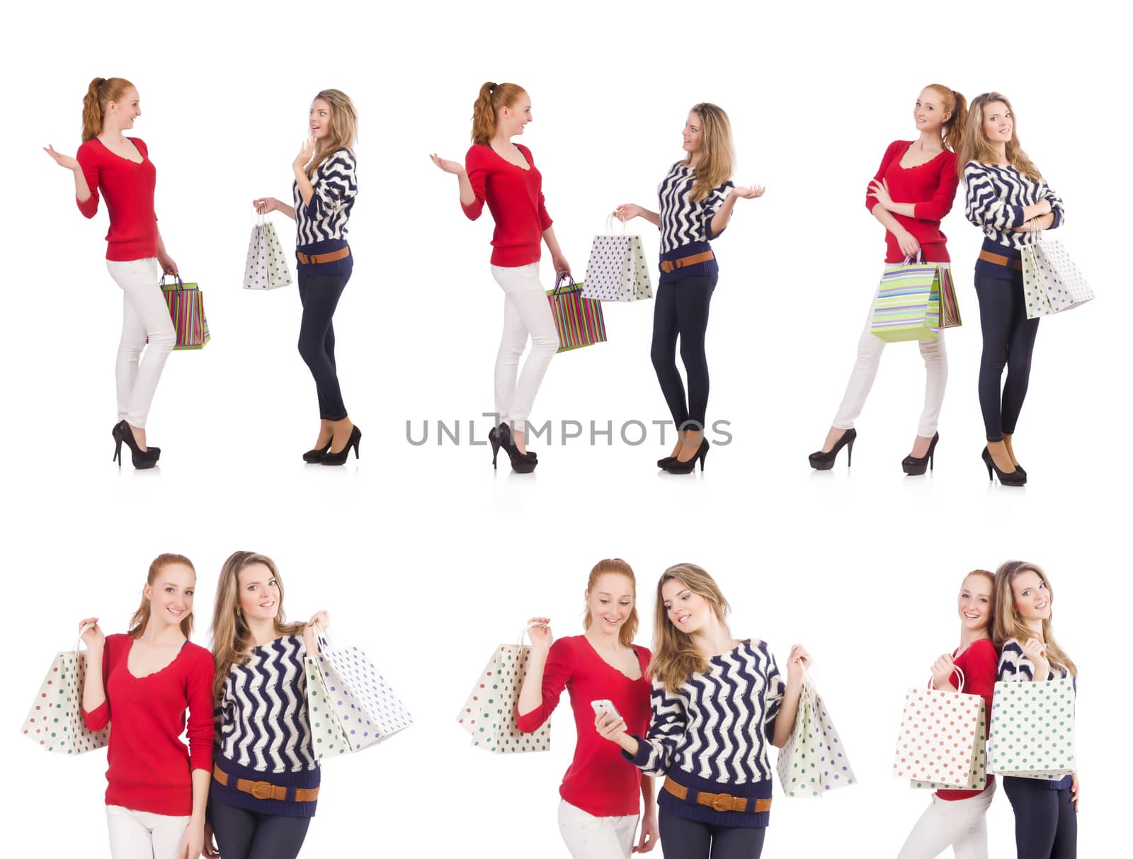 Friends with shopping bags isolated on white
