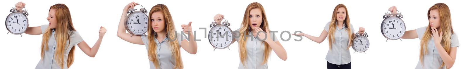 Young woman with clock on white