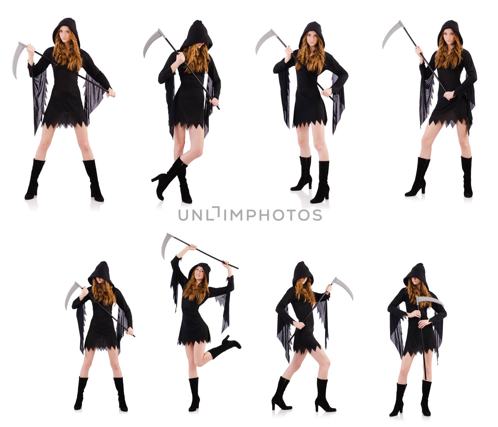 Young witch with scythe isolated on white