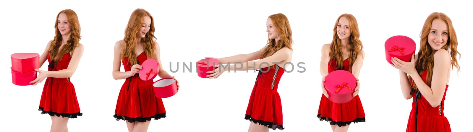 Pretty girl in red dress  with casket  isolated on white