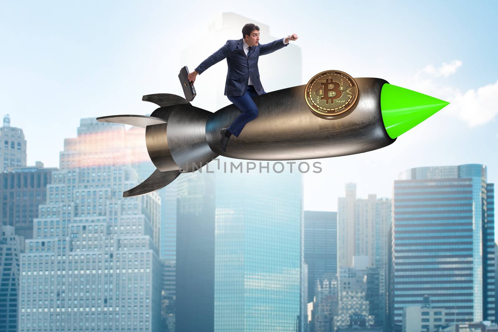 Businessman flying on rocket in bitcoin price rising concept