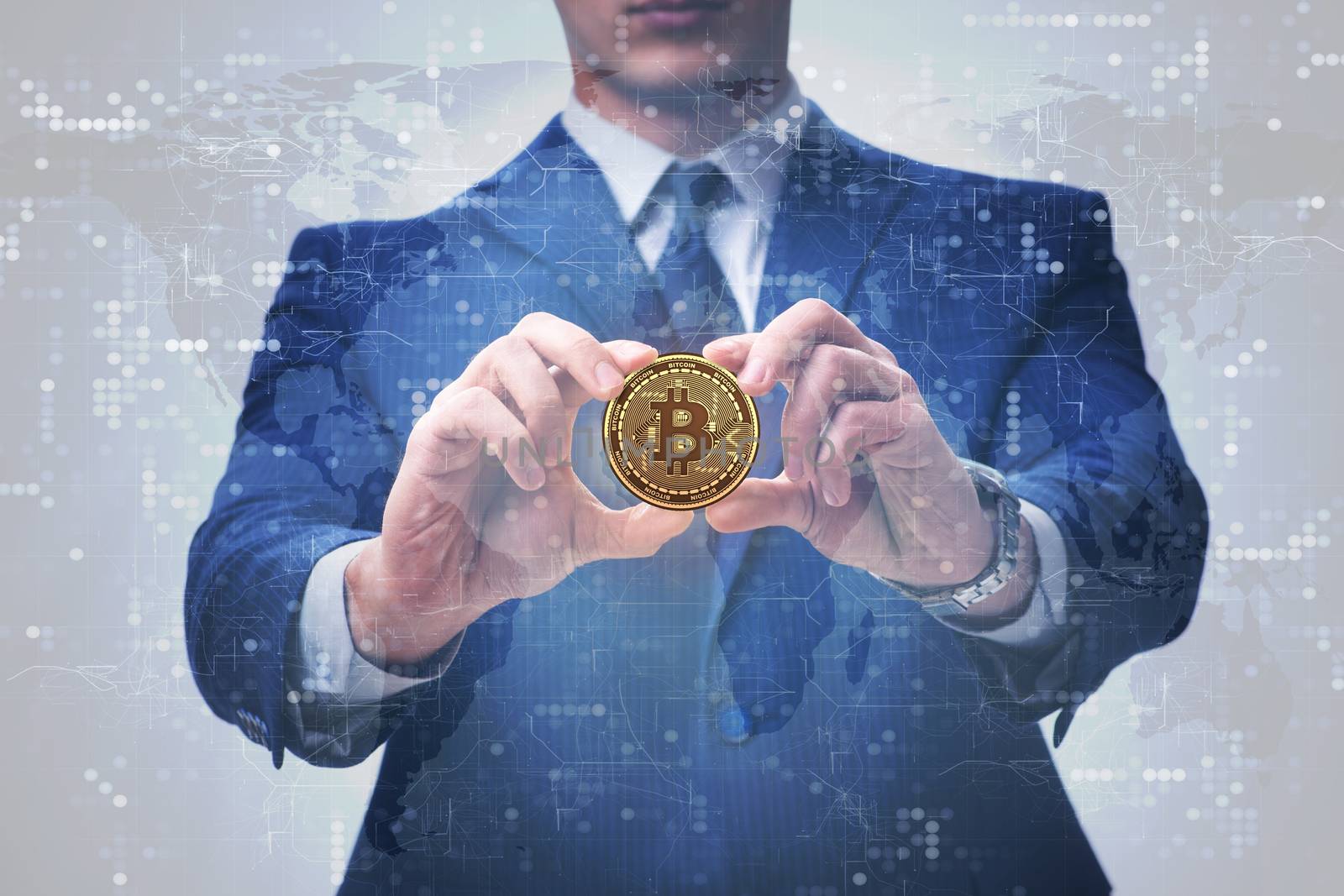 Businessman in bitcoin price increase concept