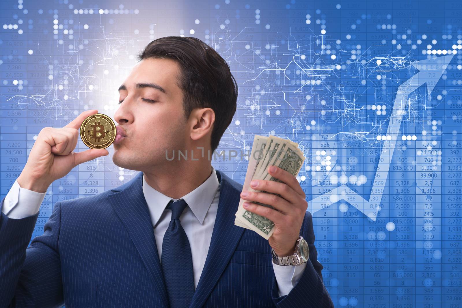 Businessman in bitcoin price increase concept