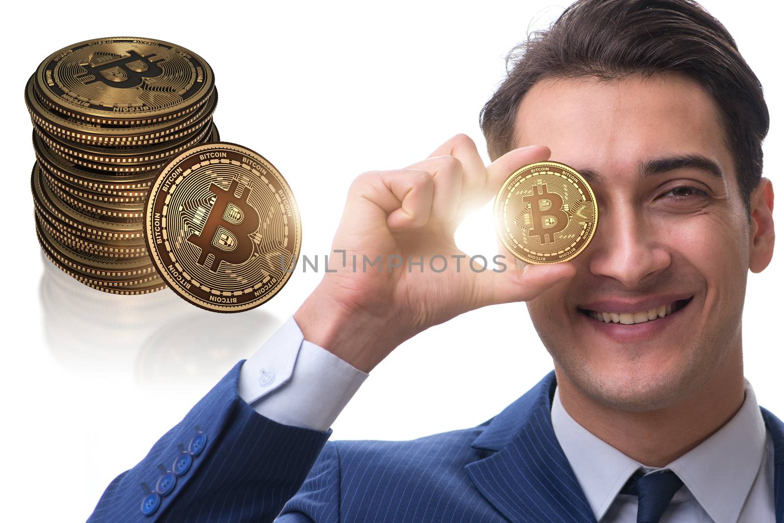 Businessman in bitcoin price increase concept