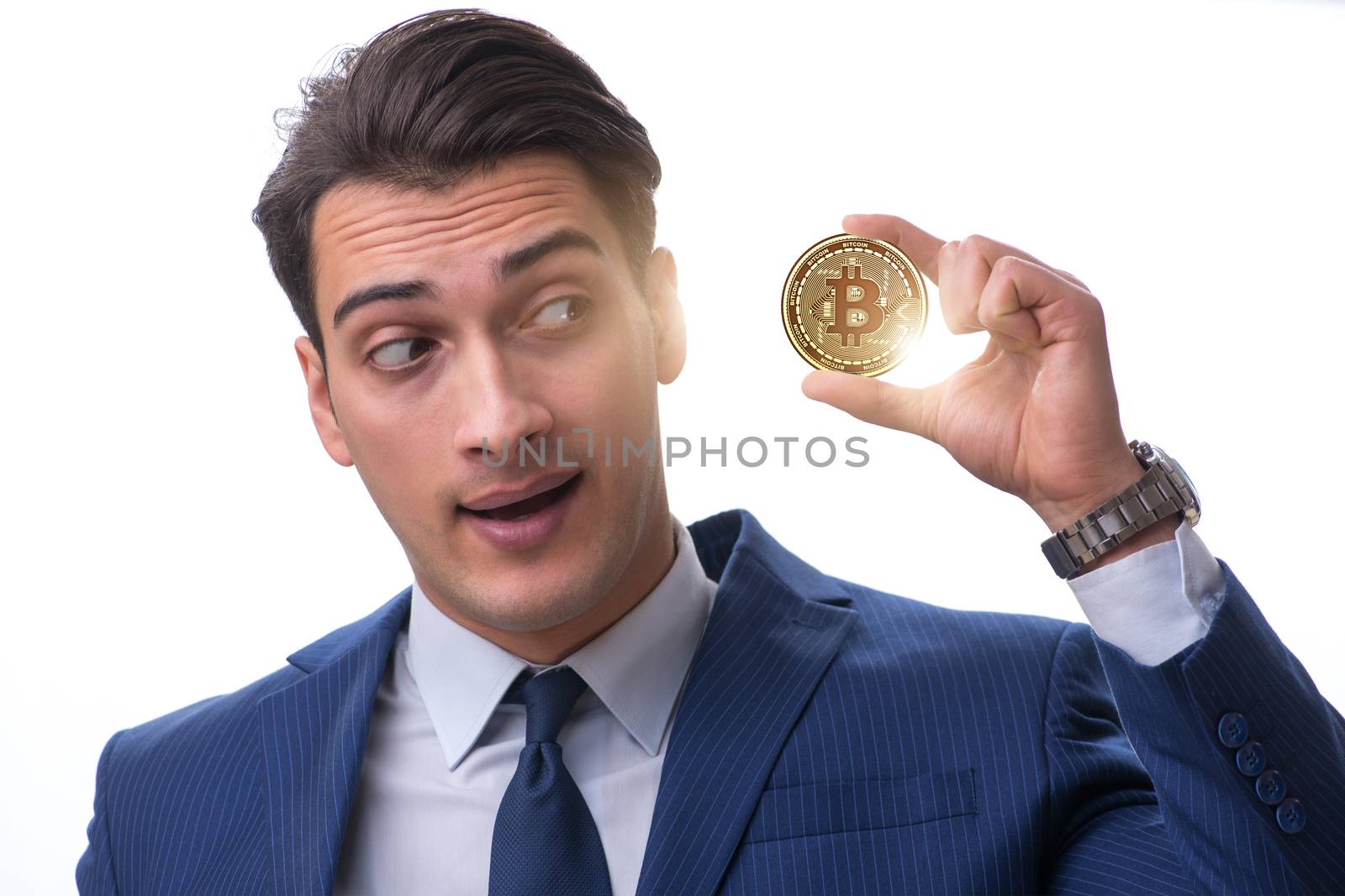 Businessman in bitcoin price increase concept