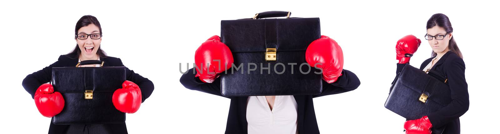 Young boxing businesswoman isolated on white by Elnur