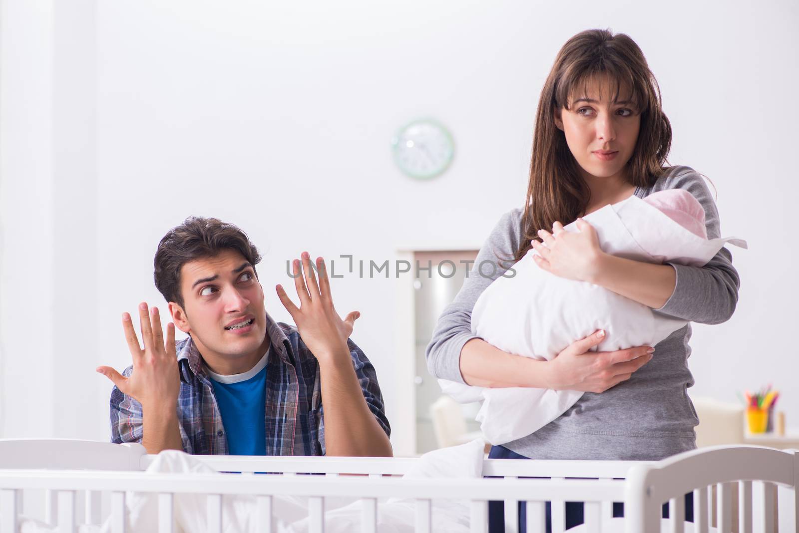 Young dad cannot stand baby crying
