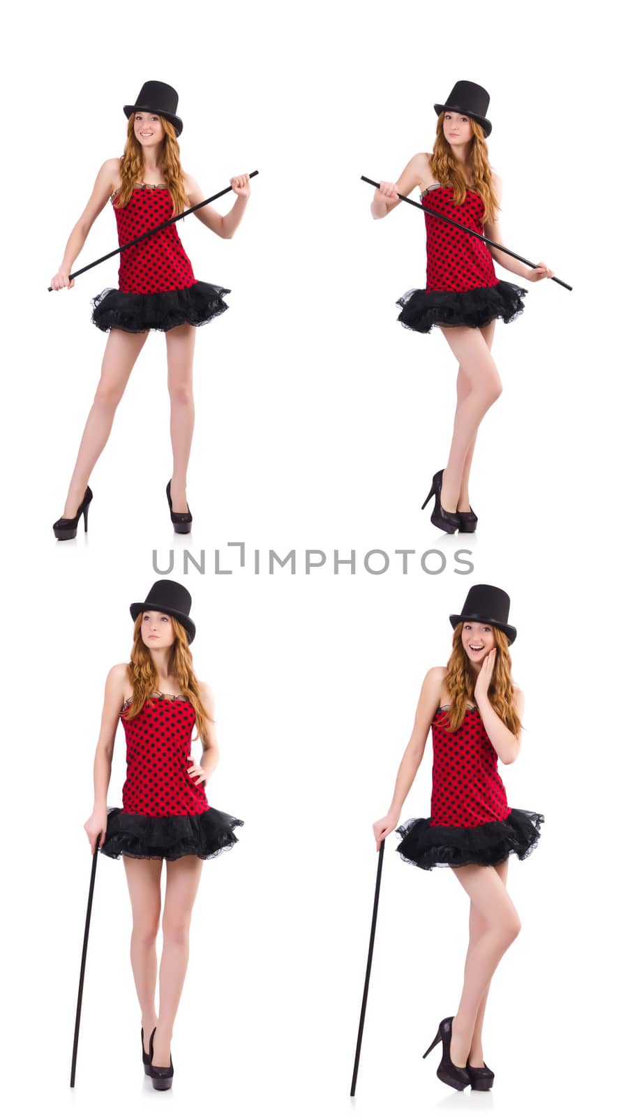 Girl in red polka-dot dress isolated on white