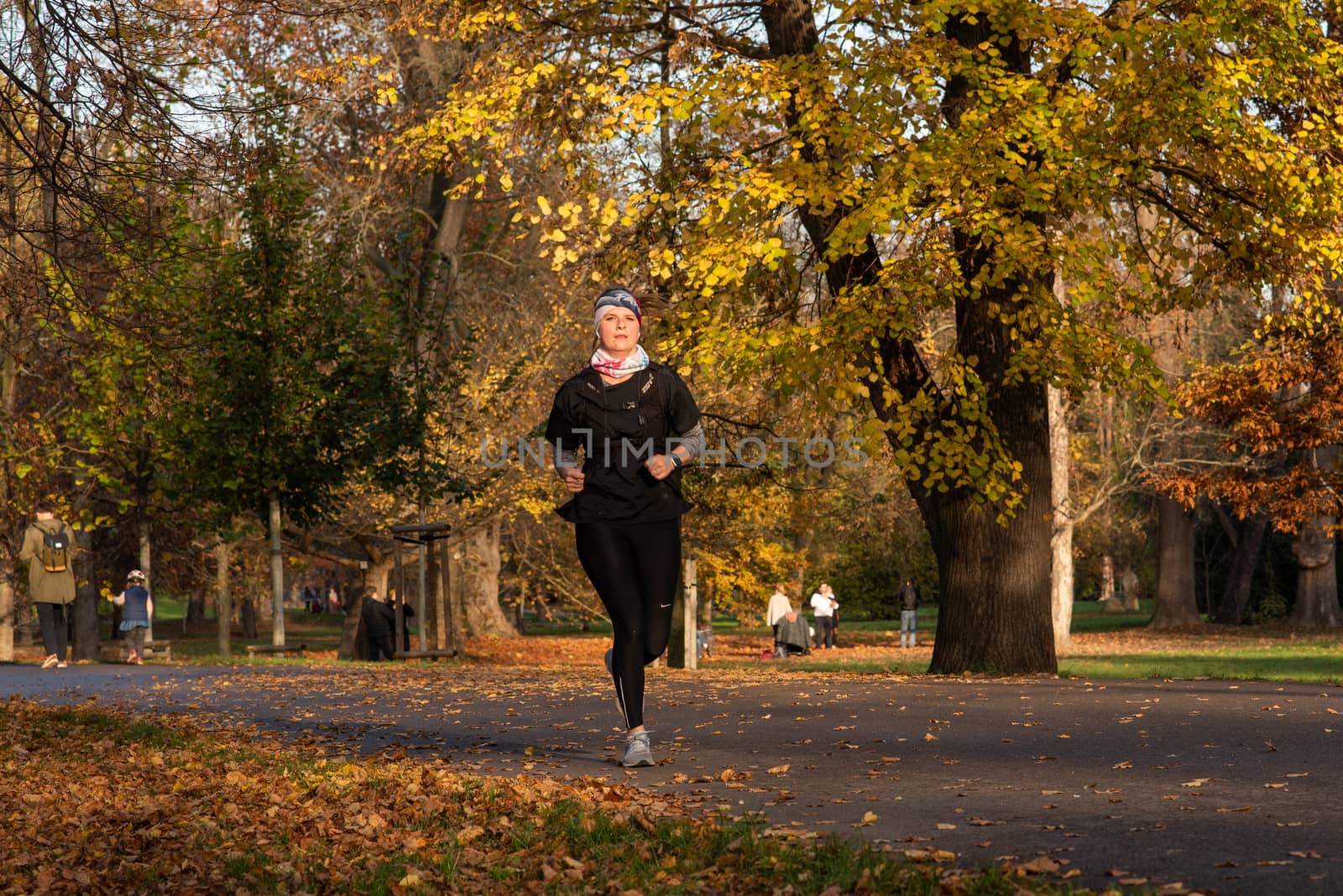 11/14/2020. Park Stromovka. Prague czech Republic. A woman is running in the park on a Sunday winter day.