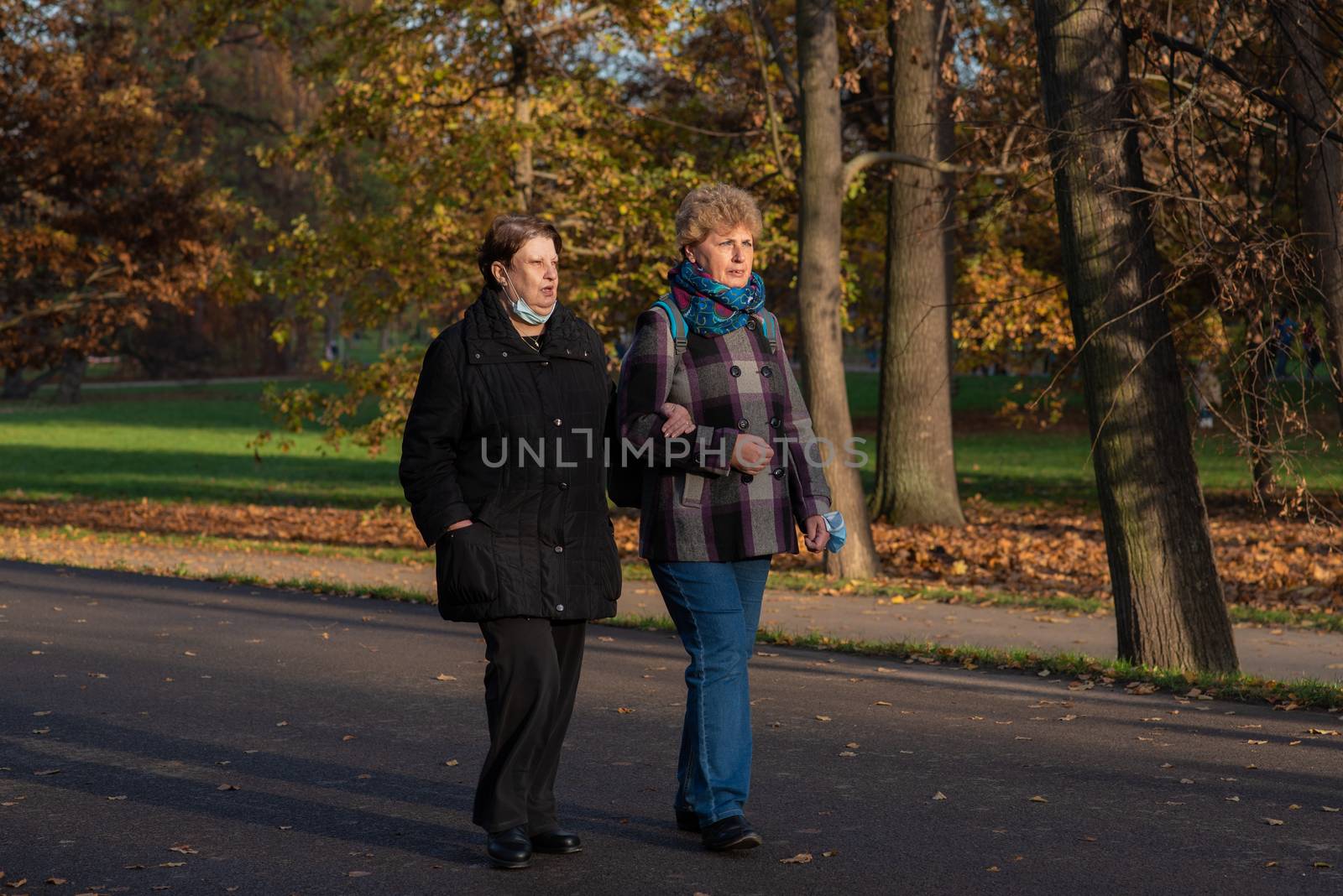 14/2020. Park Stromovka. Prague czech Republic. Two friends are walking in the park on a Sunday winter day during COVID-19..