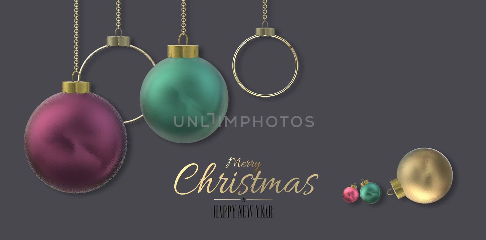 Christmas banner with 3D realistic Xmas balls on dark pastel background. Golden text Merry Christmas Happy New Year. 3D illustration. Horizontal holiday design