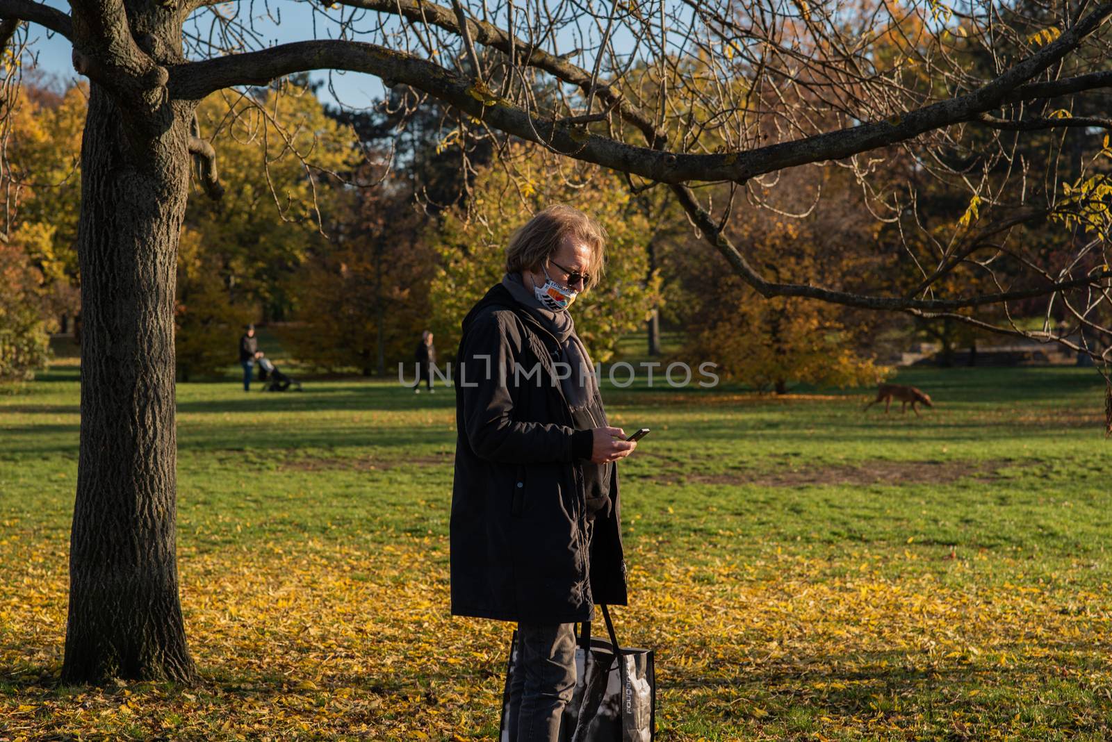 1/14/2020. Park Stromovka. Prague czech Republic. A man wearing a mask is checking his phone in the park on a Sunday winter day during COVID-19 lockdown..