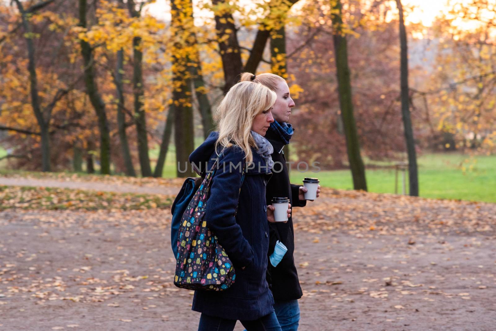 11/14/2020. Park Stromovka. Prague czech Republic. Two women is walking in the park on a Sunday winter day.