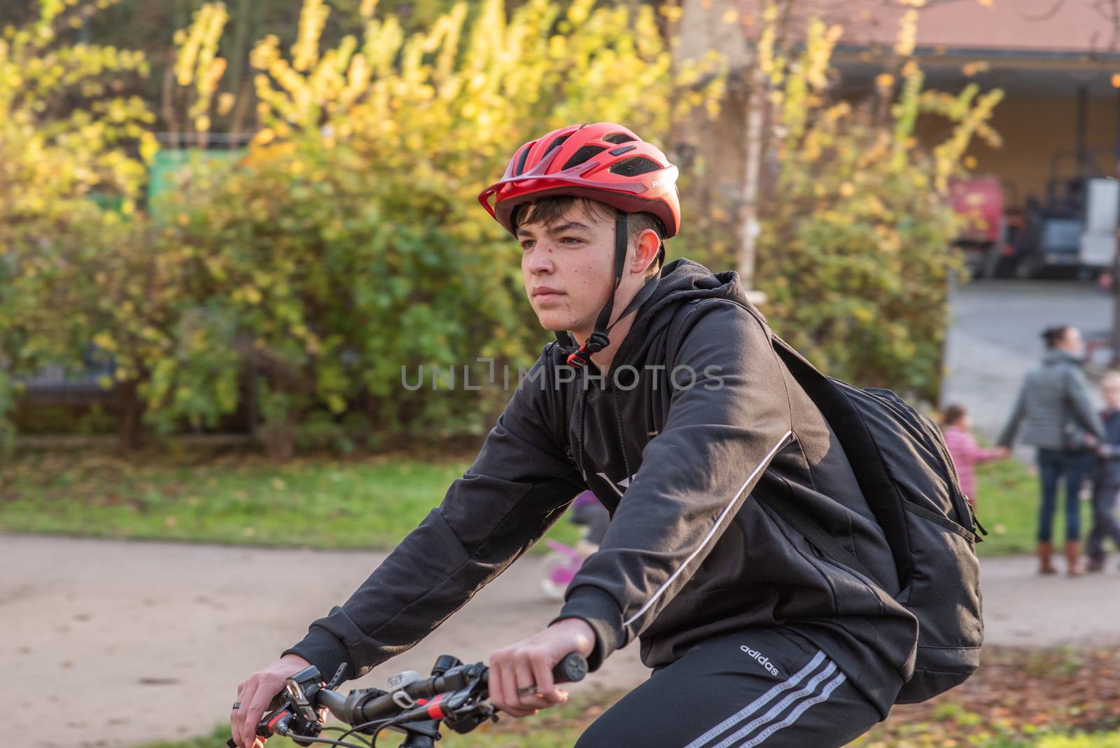 11/14/2020. Park Stromovka. Prague. Czech Republic. A man is riding his bike at the park on a winter da by gonzalobell