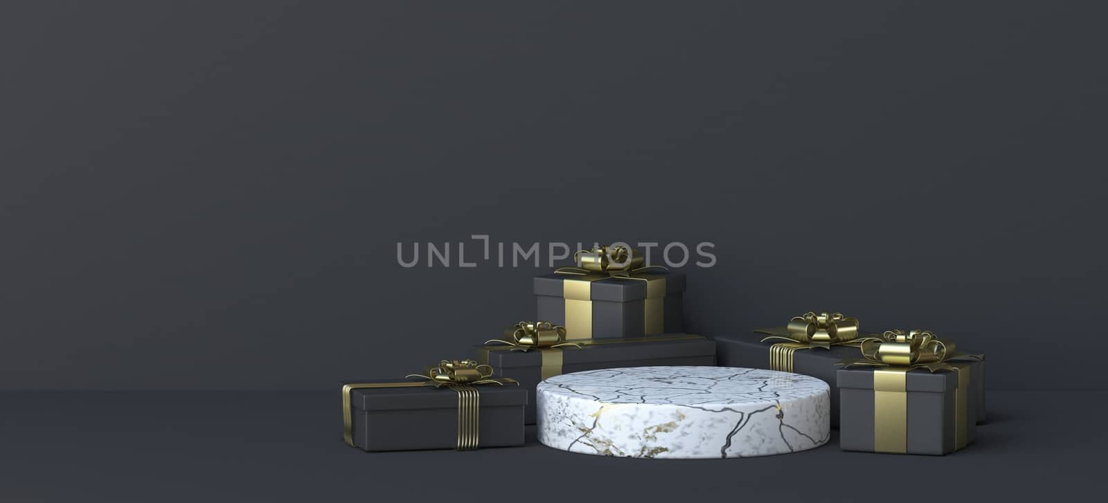 Abstract background with marble podium and gift boxes 3D render illustration on black background