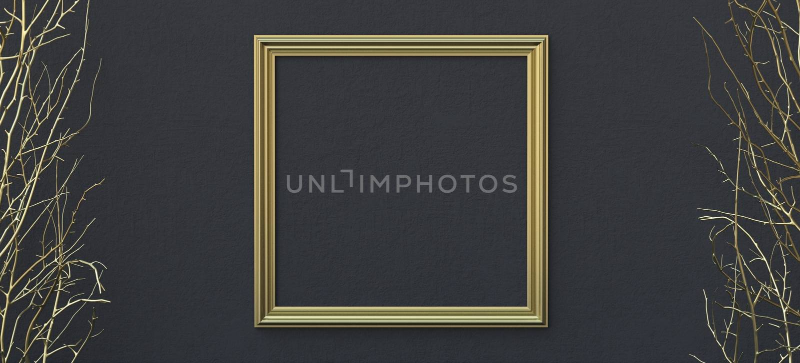 Abstract background golden picture frame and branches 3D render illustration on black background