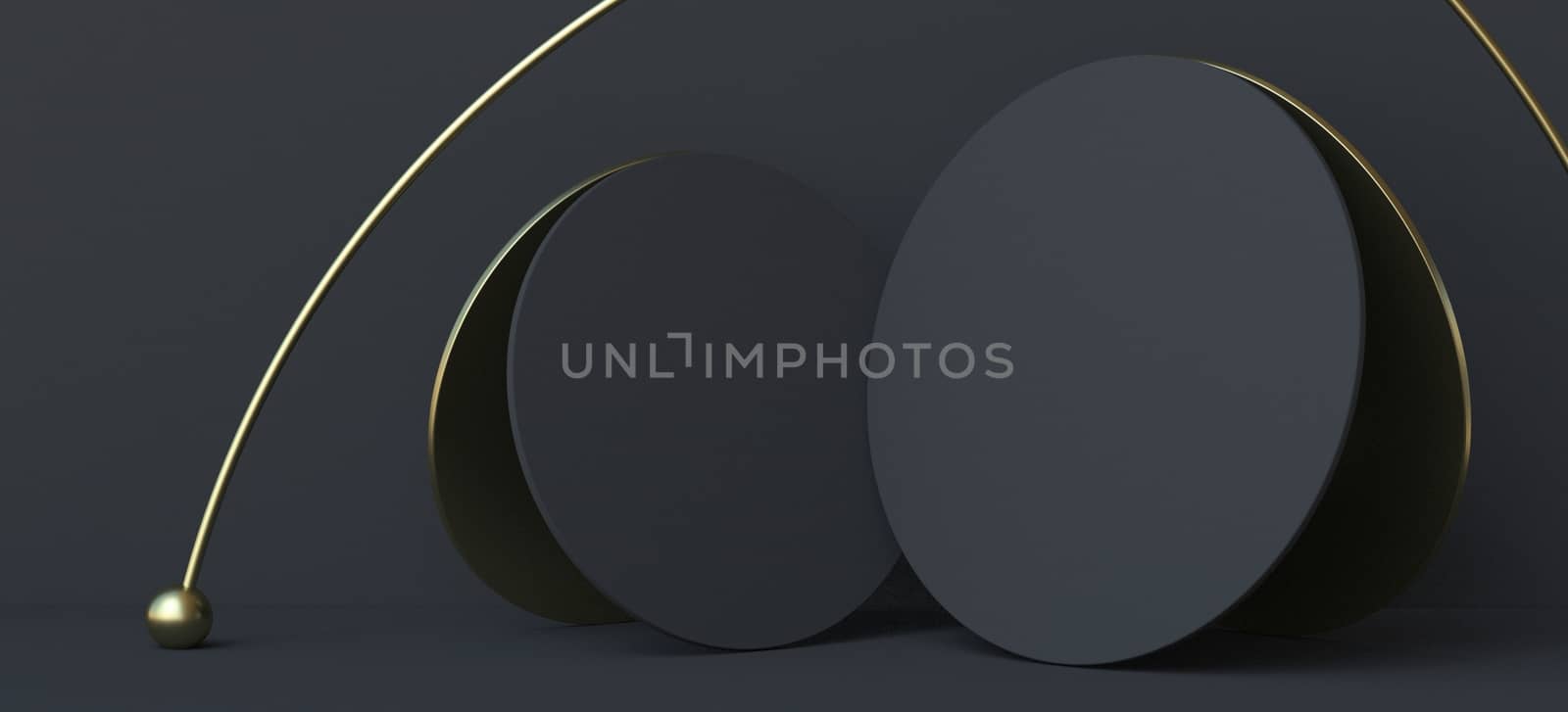 Abstract background black circles with golden arc 3D render illustration on black background