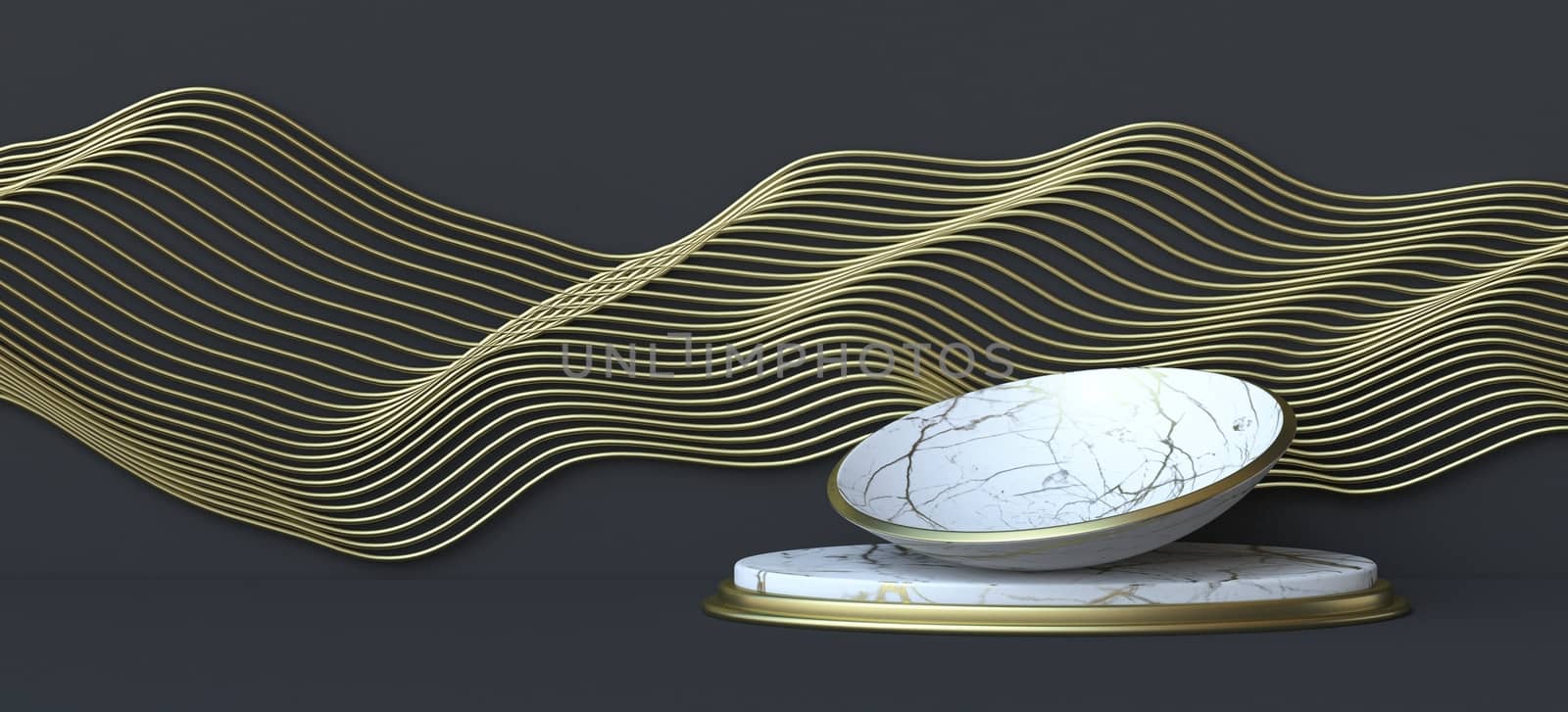 Abstract background with golden lines wave and marble dish 3D render illustration on black background