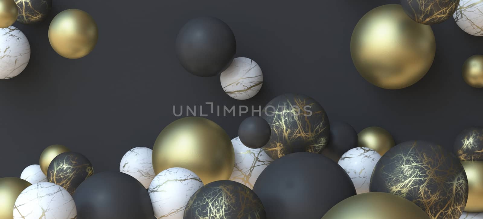 Abstract background made of different material falling balls 3D render illustration on black background