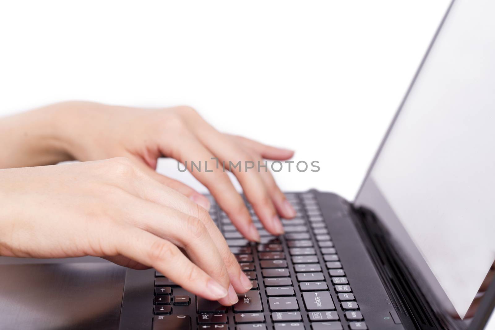 Closeup of women's hands touching type notebook (laptop) keys during work business isolated on white background.