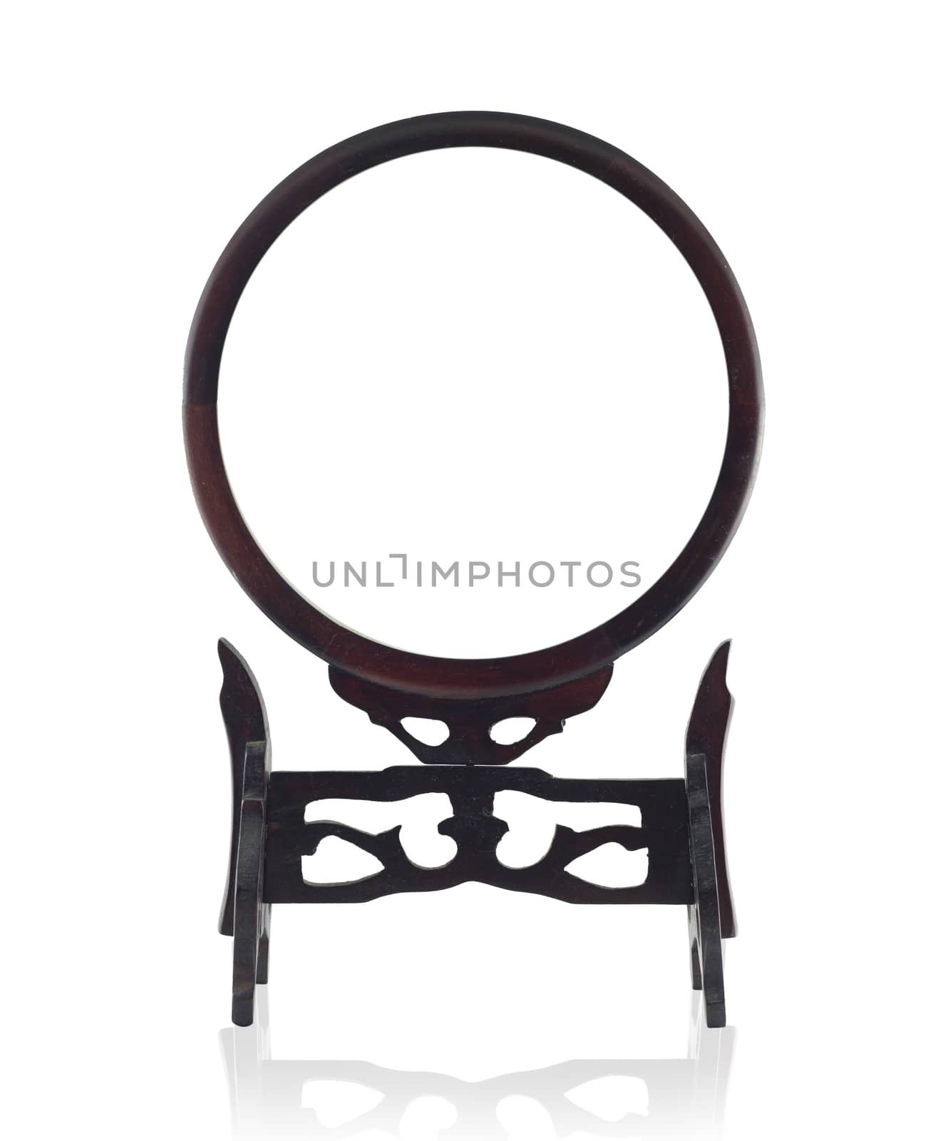 Old Wooden frame circle  mirror to lay a table isolated on white blackground.